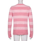 Stetnode Sweet Cute Pink Striped Long Sleeve Slim Fit Sweaters Preppy Button Up Knitted Cardigans Women Autumn Spring Knitwear Coat Tops