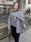 Stetnode Women Fashion Grey O-neck Wool Blends Coat With Scarf Casual Long Sleeve Side Split Short Jacket Autumn New High Street Outwear