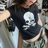 Stetnode Skeleton Print Black Crop Top 90s Vintage Harajuku Grunge Summer T-shirt E-girl Dark Academia Emo Alt Tees Women Streetwear