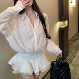 Stetnode  Polo Collar Single-breasted Sexy Slim Long-sleeved Dress Women 2024 Spring New Korean Ruffles Solid Color Casual Mini Dress