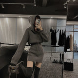 Stetnode Streetwear Knitted Mini Dress Women Hooded Sweater A Line Dresses Winter Korean Solid High Waist Slim Casual Vestidos New