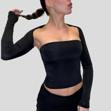 Stetnode Chic Women Long Sleeve Smock Shrug Crop Tops T Shirt Sexy Strapless Tube Tops Backless Slim Fit Camisole Two Piece Clothes Set