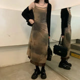 Stetnode  Tie-dye Gauze Suspender Dress Women 2024 Spring Korean Retro Strapless Mid-length Dress + Black Knitted Cardigan Two-piece Suit