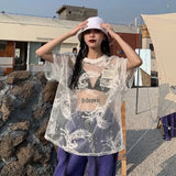 Stetnode Japanese O-neck Oversize Tee Shirt Summer Sexy See Through Mesh Lace T-shirt Y2k E-Girl Short Sleeve Bottoming Tops Women