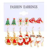 Stetnode 6 Pairs Christmas Set Trendy Xmas Tree Elk Snowman Santa Claus Earrings for Women New Design Holiday Jewelry Friendship Gift