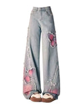 Stetnode American Tie-dye Butterfly Embroidery Raw-edge Jeans for Women Fashion Street Hot Girl Wide Leg Pants Y2k Loose Mopping Pants