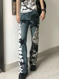 Stetnode American Vintage Washed Skull Leopard Print Micro-flare Jeans Fashion High Street Hot Girl Micro-flared Pants Y2k Trousers