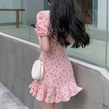 Stetnode Spring Outfit 1pc Sweet Fragment Floral Dress Shirr Sweet Ruffle Dress Puff Sleeve Girls Summer Short Dress Fashion Sexy Slim Mini Lace Dress