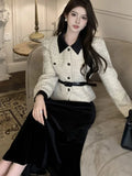 Stetnode Elegant Two Piece Skirt Set For Women Office Lady Vintage Outfits Fashion Long Sleeve With Belt Jacket Black Velvet Midi Skirts