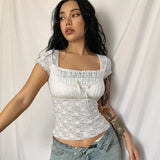 Stetnode Women Sweet Lace Floral Ruched T-shirt Square Collar Short Sleeve Slim-fit Crop Top Y2K Aesthetic Fairy Grunge Tees Streetwear