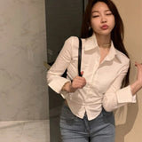 Stetnode 2024 Sexy Slim Fit White Shirt Women Korean Fashion Turn Down Collar Folds Crop Tops Woman Long Sleeve Y2K Blouse Female