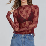 Stetnode Chic Floral Lace Sheer Tops Women Long Sleeve Mock Neck Mesh Layering Top Sexy See Through Y2k Floral Tee Shirts Street Blouse