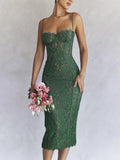 Stetnode Elegant Vintage Green Lace Midi Birthday Party Dresses Luxury Spaghetti Strap Evening Cocktail Dress Women 2024 Summer