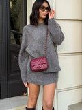 Stetnode Women Grey Mohair Knitted Sweater Mini Skirt Sets O Neck Knitted Pullover 2 Pieces 2024 Autumn Office Lady Commuting Streetwear