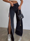 Stetnode High Waisted Side Split Out Jeans Women Casual Loose Cargo Black Pants Streetwear Summer Wide Leg Long Baggy Y2k Jeans