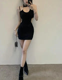 Stetnode Spring Outfit Summer Black Hollowed Out Elegant Chain Sexy Halter Mini Dress For Women Off-shoulder Backless Bodycon Club Party Wrap Hip Dress