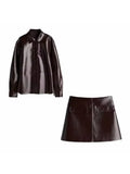 Stetnode New Ins Burgundy Pu Leather Long Sleeve Jacket Button Hip Skirt Suits Women 2024 New Solid Outfits Female  Vintage 2 Piece Set