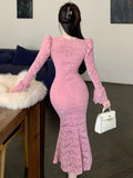 Stetnode Elegant Lace Patchwork Mermaid Dresses Women Flare Long Sleeve Fashion V Neck Slim Sexy Dress Female Temperament Clothes Autumn