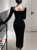 Stetnode Elegant Velvet Midi Dress Women French Vintage Long Sleeve Square Collar Bodycon Wrap Hip Female Evening Party Vestidos Mujer