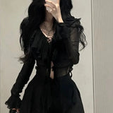 Stetnode Fashion V-neck Ruffles Black Long Sleeve Cardigan Mujer+ Y2k High Waist Loose Wide Leg Pants 2024 Summer New Two Piece Sets