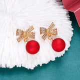 Stetnode New Style Temperament Red Color Christmas Bow Stud Earrings for Women Rhinestone Bowknot Red Ball Earring Girls Party Jewelry