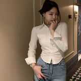 Stetnode 2024 Sexy Slim Fit White Shirt Women Korean Fashion Turn Down Collar Folds Crop Tops Woman Long Sleeve Y2K Blouse Female