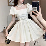 Stetnode Elegant Slash Neck Dresses Women Summer Korean Chic Puff Sleeves A Line Dress Y2K Female Sweet Ruffles Solid Vacation Mini Dress