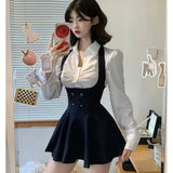 Stetnode Preppy Style Vintage Fashion Suit Woman White Shirt + Short Coat High Waist Slim Y2k Mini Dress Japanese Elegant Set 2024 Chic