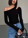 Stetnode Black Off Shoulder T Shirts Women Casual Aesthetic Sexy Crop Tops Fashion Slim Hollow Out Long Sleeve Tees Spring New