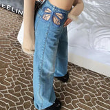 Stetnode Side Butterfly Jeans Women Sexy Hollow Embroidery Long Pants Women's All Match Casual Denim Pant Female 2023 Summer