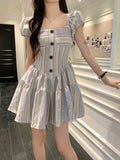 Stetnode Spring Outfit Korean style Summer New Female Clothing Elegant Dresses Striped Single Breasted Short Sleeve Square Collar Women Slim Dress