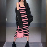 Stetnode 2024 Spring New Streetwear Contrast Striped Sexy Knitted Sling Dress Women + Loose Casual Long-sleeved Shirt Two-piece Suit