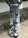 Stetnode American Vintage Washed Skull Leopard Print Micro-flare Jeans Fashion High Street Hot Girl Micro-flared Pants Y2k Trousers