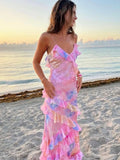 Stetnode  Tierred Ruffles Flower Print Sling Maxi Dress Fashion Bohe Sleeveless Bodycon Vestidos Female New Beach Holiday Long Robe