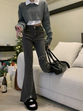 Stetnode Gray Jeans for Women Y2k High Waist Flared Pants Slit Elasticity Slim Vintage Streetwear Denim Trouser