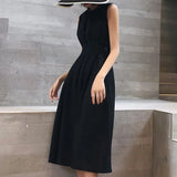 Stetnode Elegant Women Black Dress Korean Fashion Female Waist Midi Dress Hepburn Style Button A Line Sleeveless Dresses Summer New