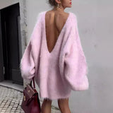 Stetnode 2024 Autumn Long Sleeve Sexy Big Backless Knitted Sweater Dress For Women Fashion Solid Loose Sweater Pullover Streetwear