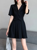 Stetnode Women Pleated Short Skirt Suits Elegant High-end Suit Collar Dress Summer Sweet Cool High Street Slim A-line Two Pieces Set