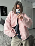 Stetnode Pink Short Fur Jacket Coat For Women Autumn Winter Casual Stand Collar Pocket Loose Fashion Long Sleeve Jacket Top Female