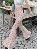 Stetnode Sweet Floral Print Casual Pants for Women Sumemr Slim Fit Ruffles Flare  Y2k E-Girl High Waist Loose Wide Leg