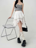 Stetnode Elastic Waist White Black Irregular Mini Kawaii Skirt Japanese Style School Y2k Aesthetic Ruffles Short Skirt Women Streetwear