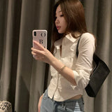 Stetnode 2024 Sexy Slim Fit White Shirt Women Korean Fashion Turn Down Collar Folds Crop Tops Woman Long Sleeve Y2K Blouse Female