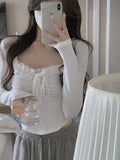 Stetnode Korean Lace Crop T Shirts Women Sweet Girl Aesthetic Y2k Tops Female Solid Fairy Slim Shirts Bandage Long Sleeve Tees