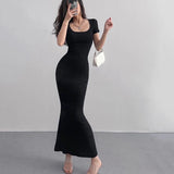 Stetnode 2024 Summer Solid Color Slim Long Dress Women Short Sleeve Skinny Bodycon Maxi Dresses Woman Square Collar Party Vestidos Mujer