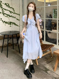 Stetnode  Summer Sweet Girly Holiday Style V-Neck Bow Kawaii A-Line Temperament Puff Sleeve Mid-Calf Dresses Tender Fairy Dress