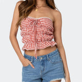 Stetnode Women Red Gingham Pattern Tube Tops  Lace Trim Front Tie Up Strapless Open Back  Crop Tops Y2k Bandeau Slim Fit Cropped Tanks