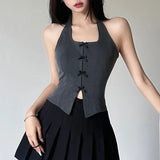 Stetnode Grunge y2k Grey Sleeveless Slim Split Vest Women Bow Stitched Halter Tank Top Chic Fashion Crop Tops 90s Vintage Clothes