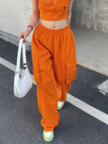 Stetnode Women's Halloween Low Waist Baggy Cargo Pants Drawstring Loose Jogger Pants Orange Wide Leg Pants Trendy Sweatpants Streetwear