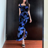 Stetnode Korean Contrast Color Butterfly Print Casual Sling Dress Women 2024 Summer New Off-shoulder Sexy Split Elegant Mid-length Dress