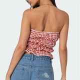 Stetnode Women Red Gingham Pattern Tube Tops  Lace Trim Front Tie Up Strapless Open Back  Crop Tops Y2k Bandeau Slim Fit Cropped Tanks